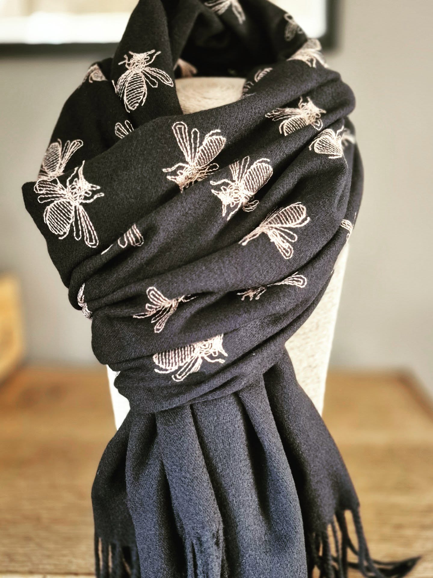 Black Soft Scarf with Gold Embroidered Bees