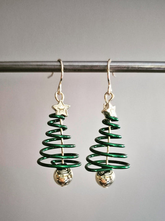 Green Spiral Christmas Tree Drop Earrings