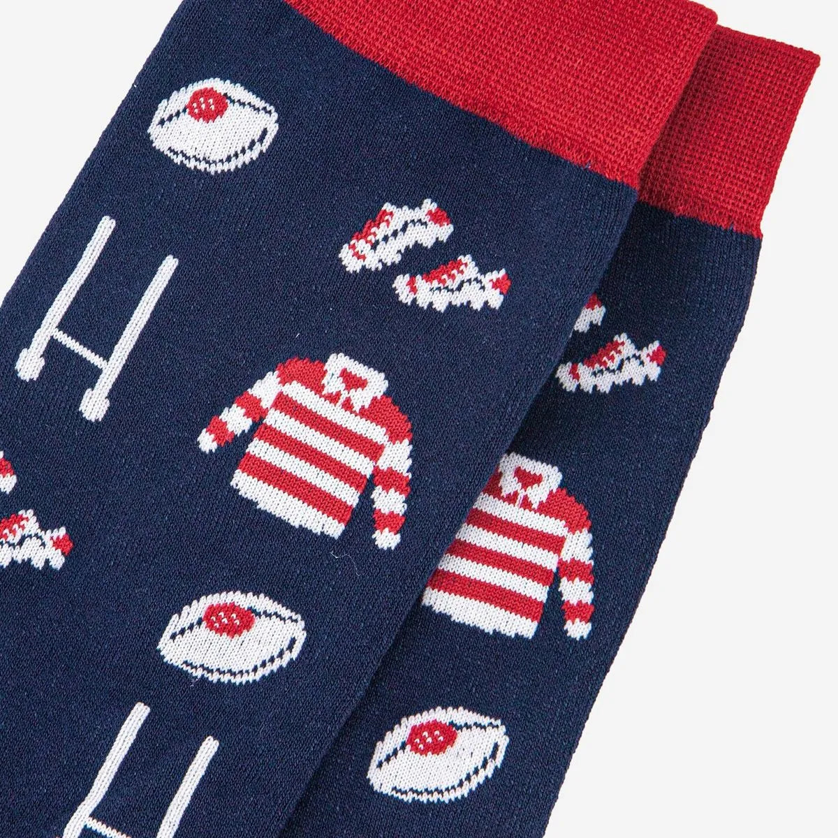 Men's Rugby Kit and Goal Print Bamboo Socks in Navy and Red
