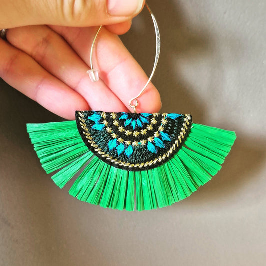 Green Fanned Statement Drop Earrings