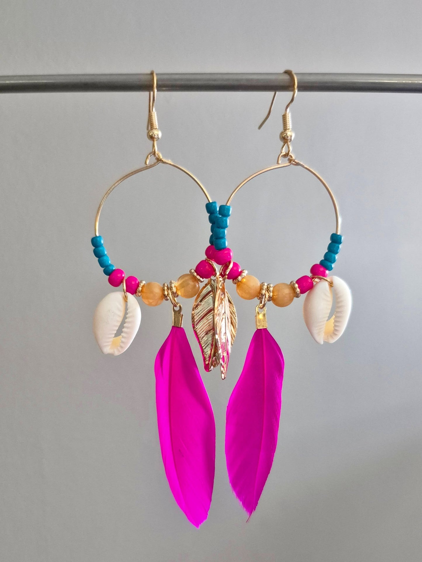 Feather & Shell Hoop Drop Earrings - Hot Pink