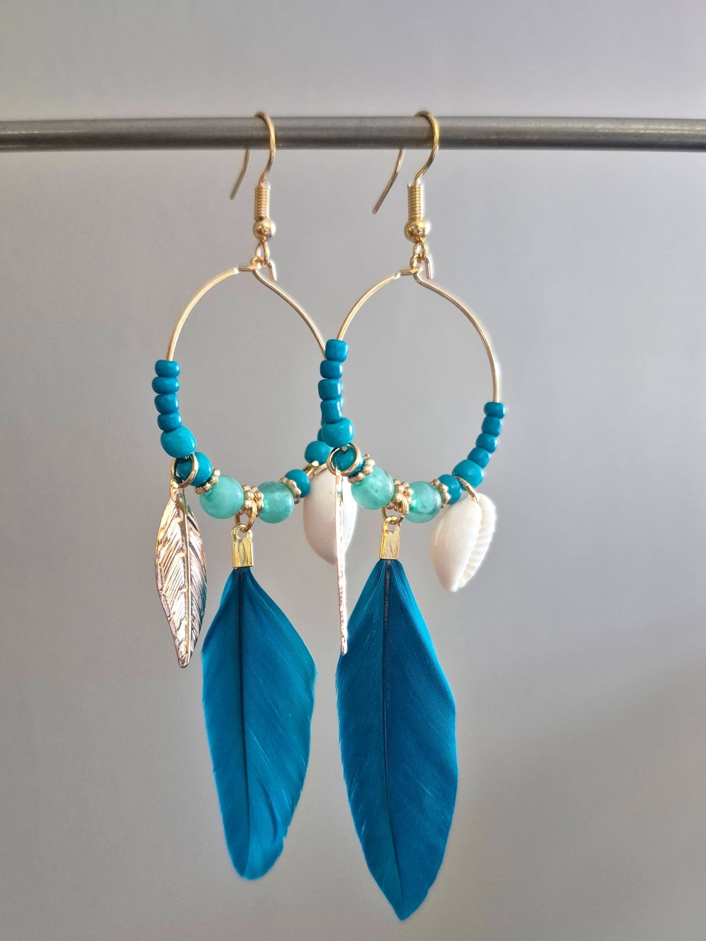 Feather & Shell Hoop Drop Earrings - Teal