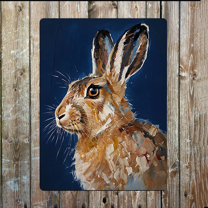 Painting Of A Hare Blue Background Metal Sign Plaque : SMALL 6x8inch
