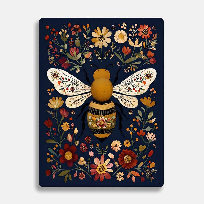 Floral Flowers Bee Scandinavian Folk Metal Sign Plaque: SMALL 6x8inch