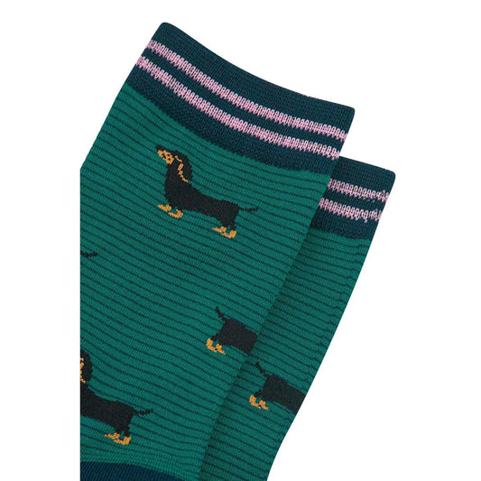 Women's Bamboo Socks - Forest Green/Navy Blue, Sausage Dog Stripes