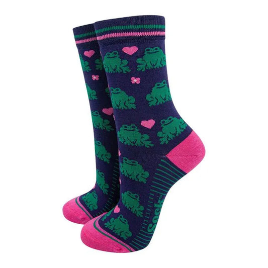 Women's Bamboo Socks - Navy Blue/Pink, Frogs