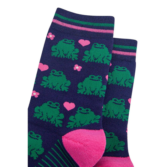 Women's Bamboo Socks - Navy Blue/Pink, Frogs