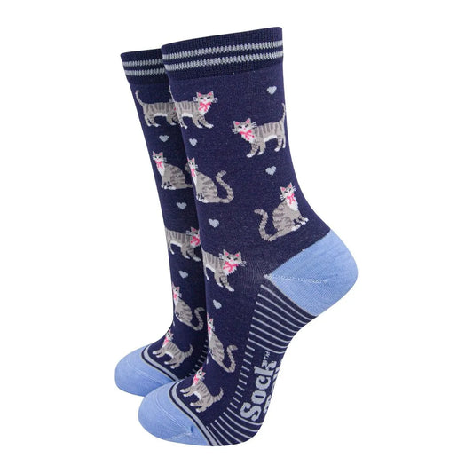 Women's Bamboo Socks - Navy Blue/Light Blue, Grey Tabby Cats