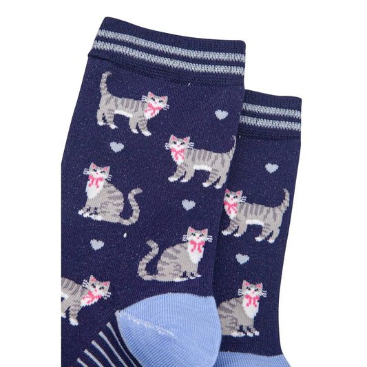 Women's Bamboo Socks - Navy Blue/Light Blue, Grey Tabby Cats