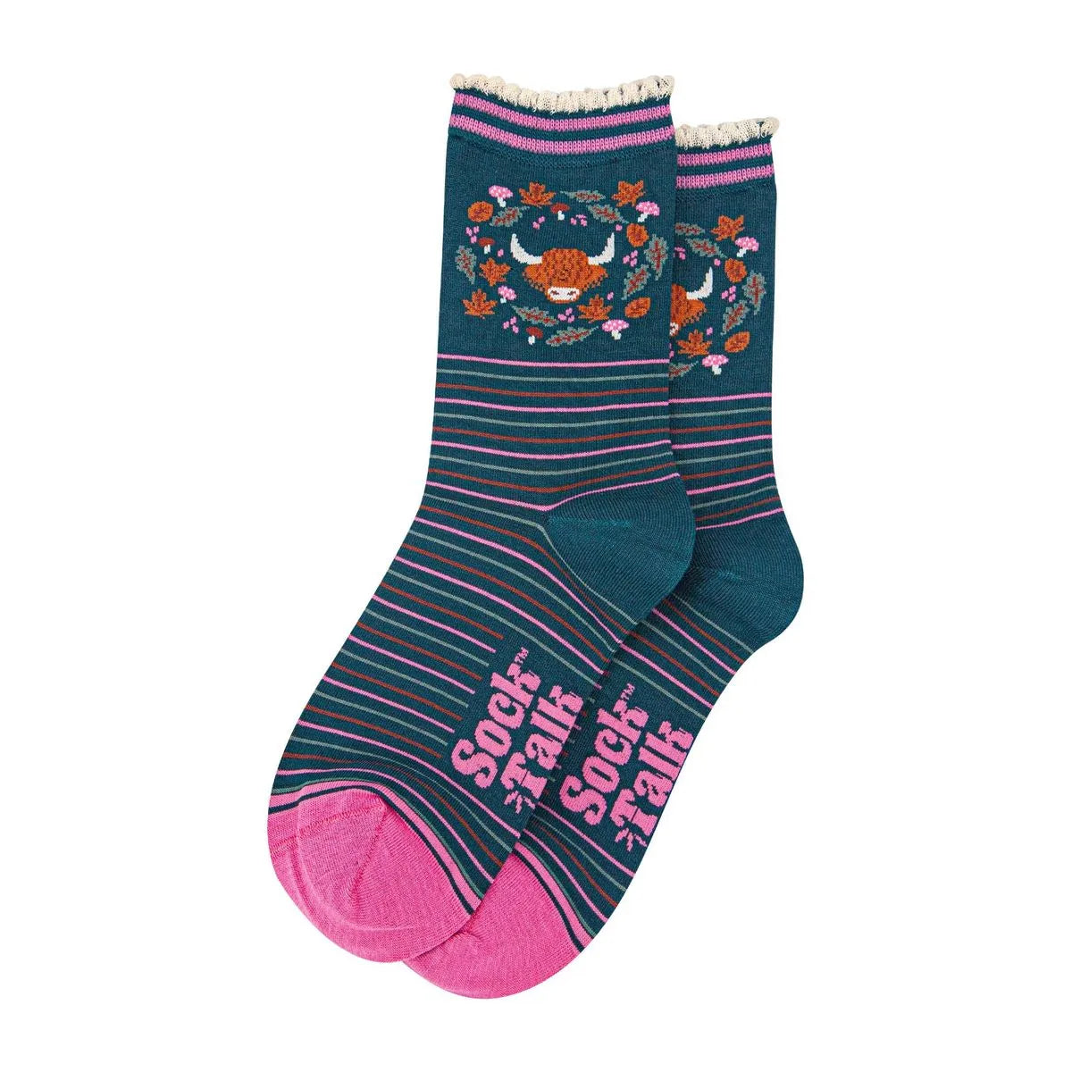 Women's Bamboo Socks - Forest Green/Pink, Highland Cow Floral Wreath
