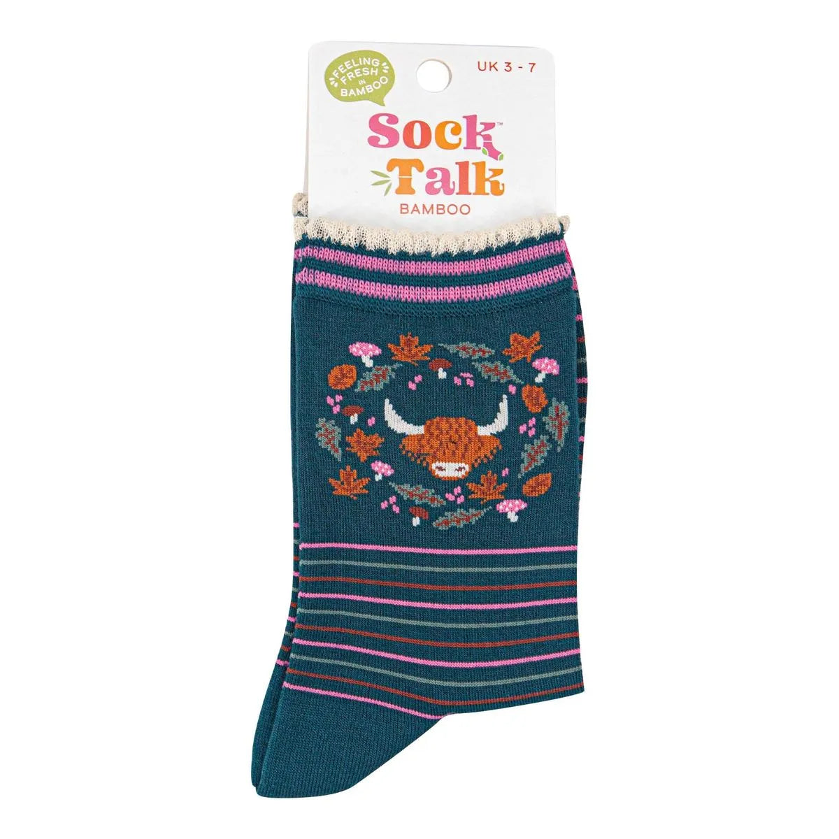 Women's Bamboo Socks - Forest Green/Pink, Highland Cow Floral Wreath