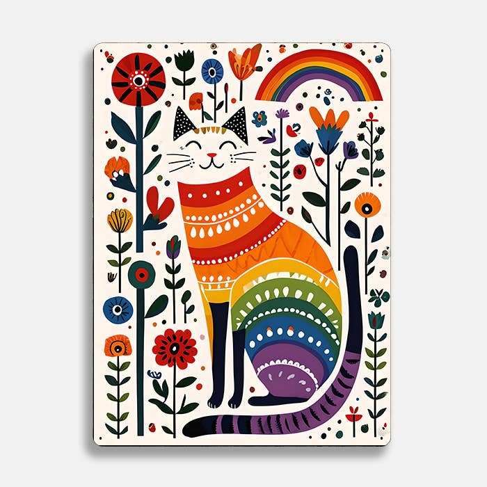 Cat rainbow Flowers Scandinavian Folk Metal Sign Plaque: SMALL 6x8inch