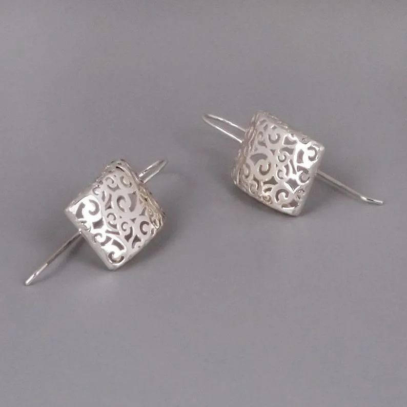 Swirl Patterned Rectangle Drop Earrings - Silver