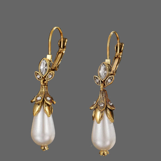 Antique Gold Style Pearl Drop Earrings
