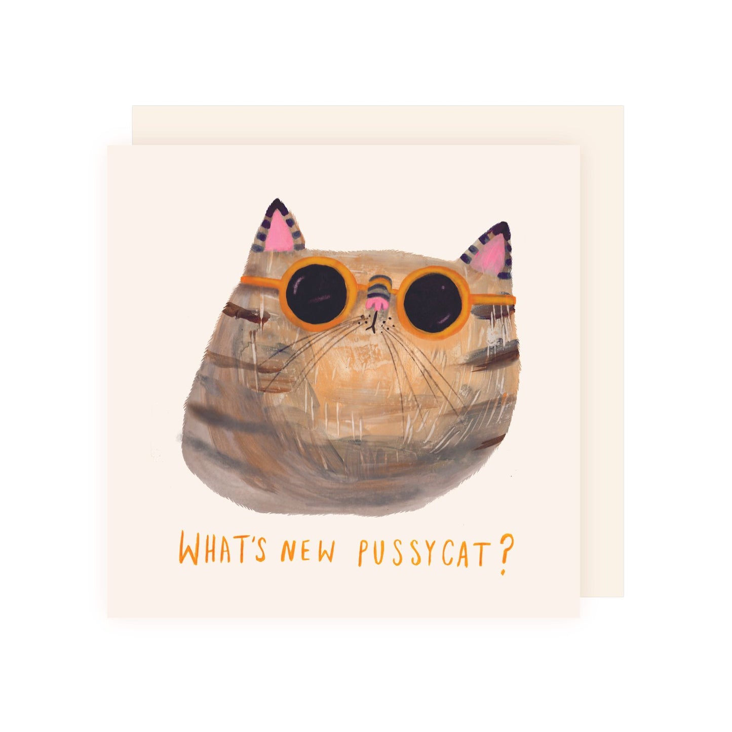 Card with a cat illustration wearing sunglasses and text 'What's new pussycat?' on a beige background