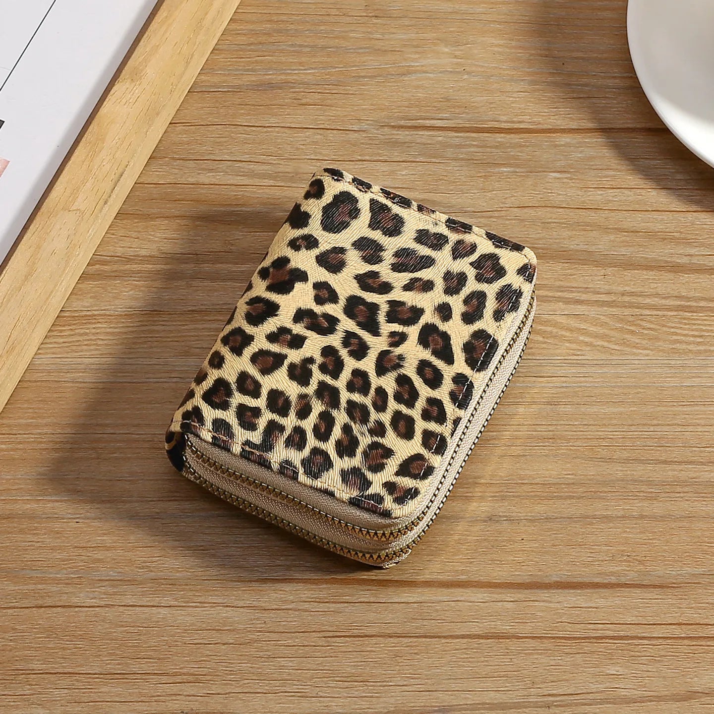 Cream Leopard Print Double Zip Purse
