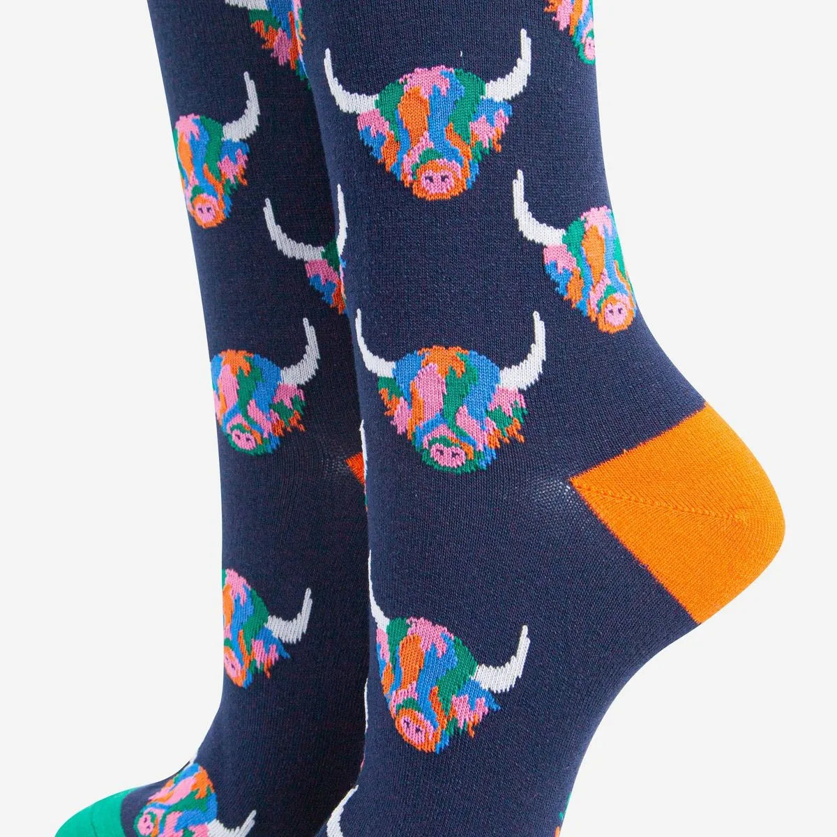 Women's Rainbow Highland Cow Print Bamboo Socks in Navy Blue