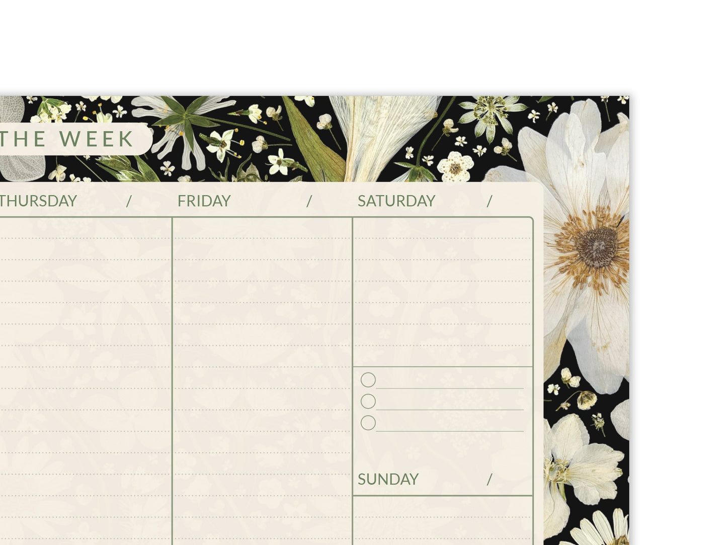 A4 Floral Weekly Planner Pad, White on Black