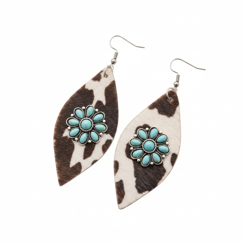 Boho Faux Leather Cow Drop earrings With Turquoise Flower