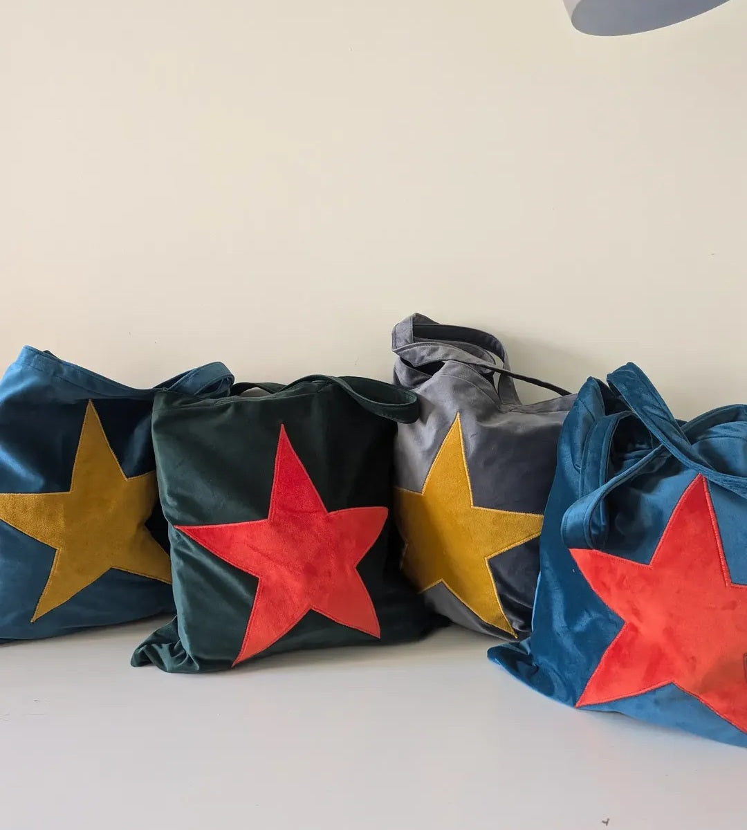 Luxury Tote Bag in Dark Green Velvet With Orange Velvet Star
