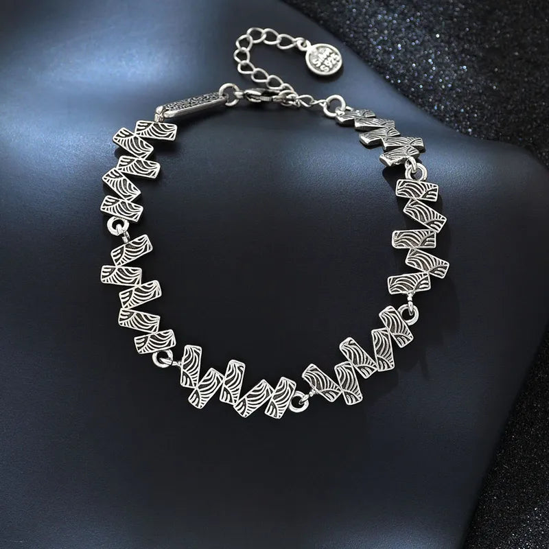 Silver Plated Textured Bracelet With Rectangles
