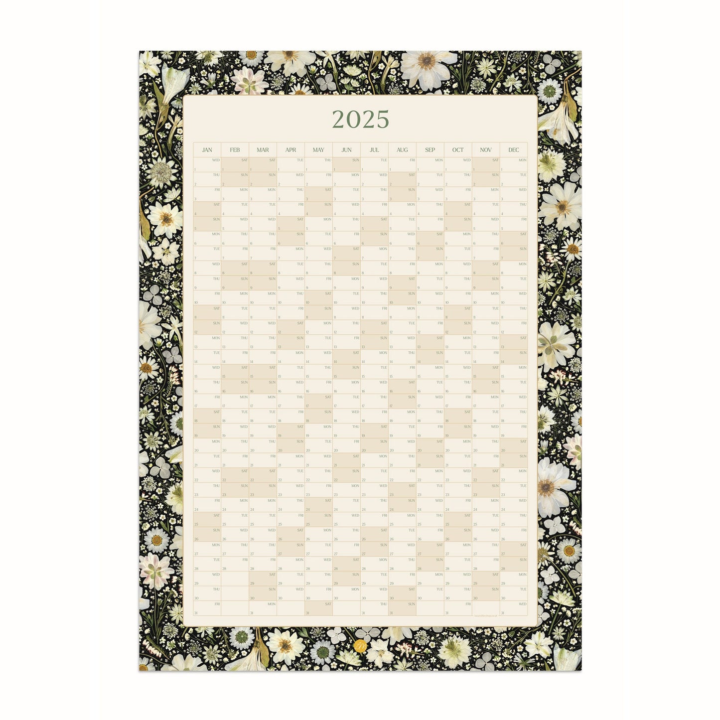 2025 Year Wall Planner, White on Black