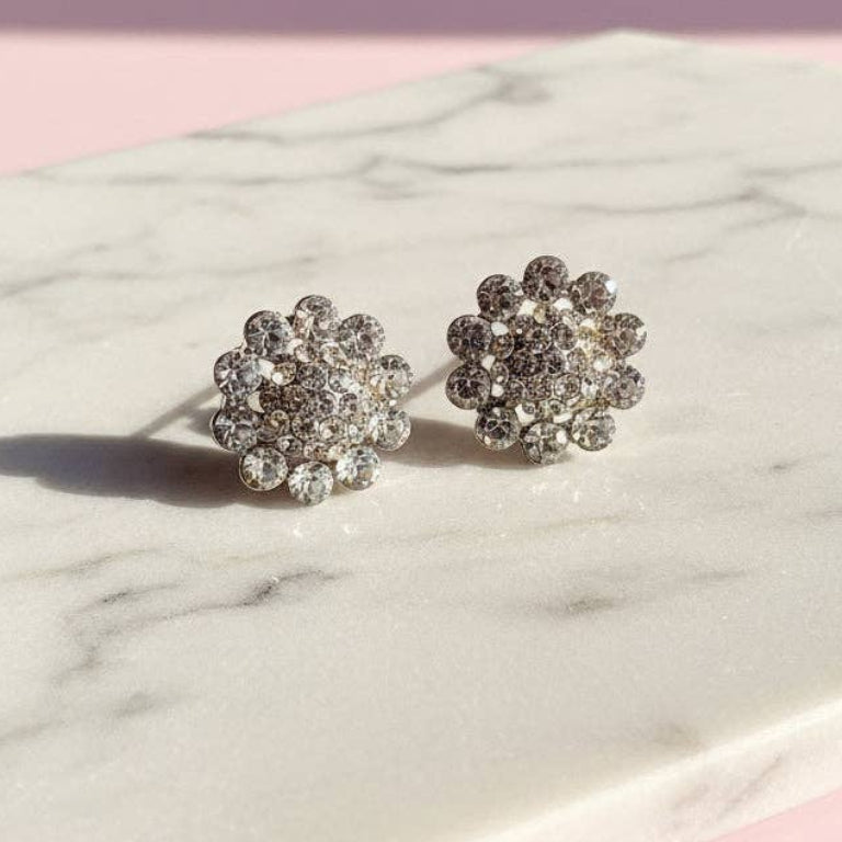Flower Crystal Stud Earrings: Silver