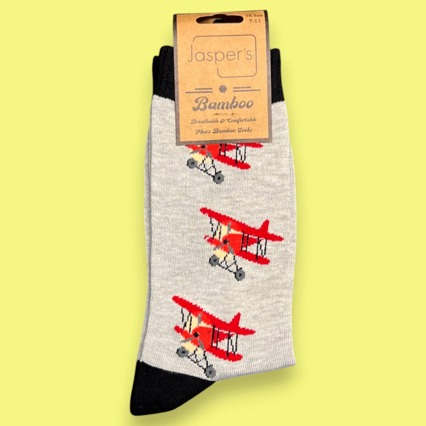 Grey Bamboo Socks with Plane Design