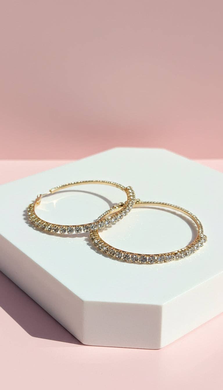 Round Crystal Hoop Earrings: Gold / Large