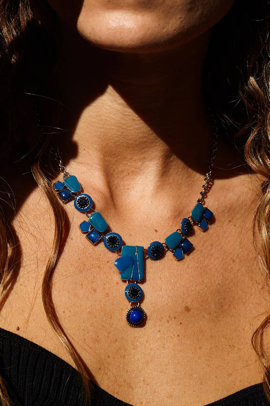 Gold & Blue Enamel Y Shape Necklace