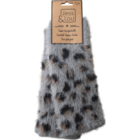 Grey Leopard Fluffy Knit Fingerless Gloves