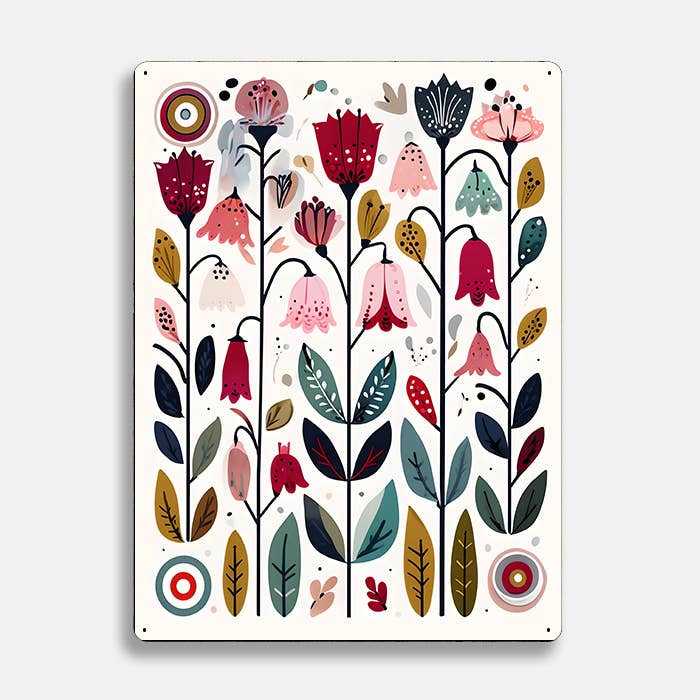 Illustration Flowers Scandinavian Folk Metal Sign Plaque: SMALL 6x8inch