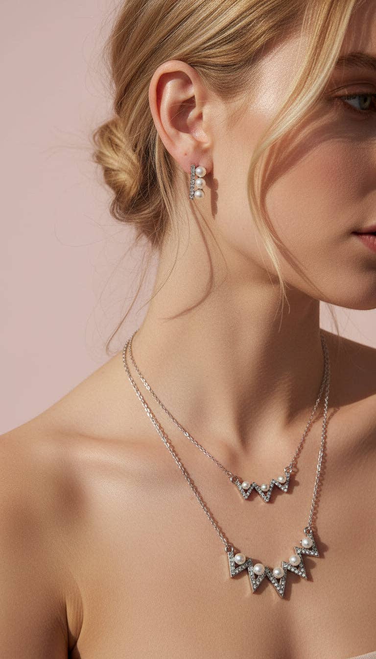Layered Pearl Zig Zag Pendant Necklace & Earring Set: Silver