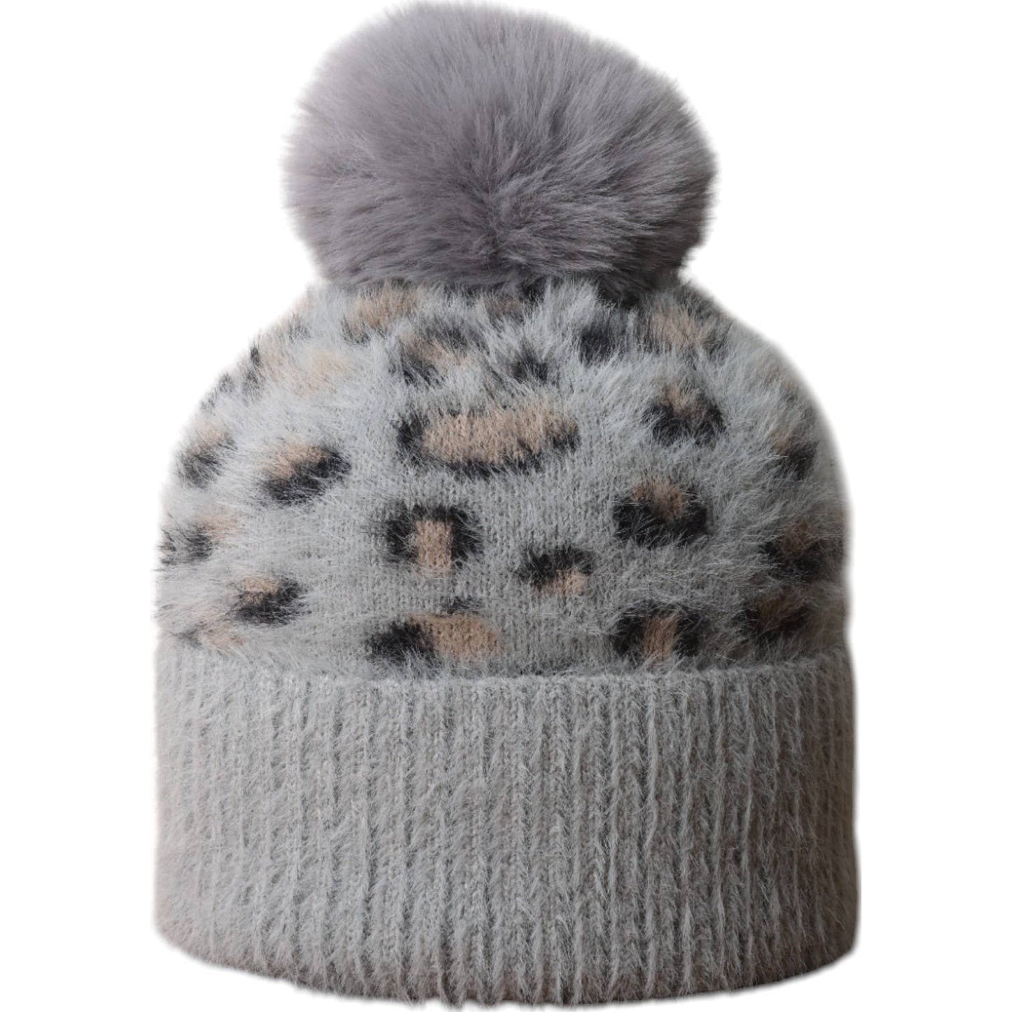 Grey Leopard Fluffy Bobble Hat