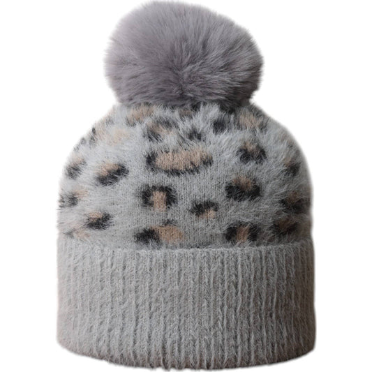 Grey Leopard Fluffy Bobble Hat