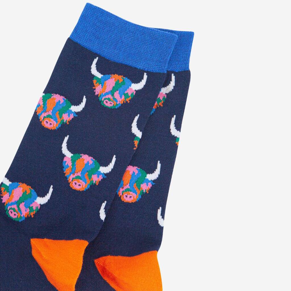 Men's Bamboo Socks - Navy Blue/Rainbow, Highland Cow