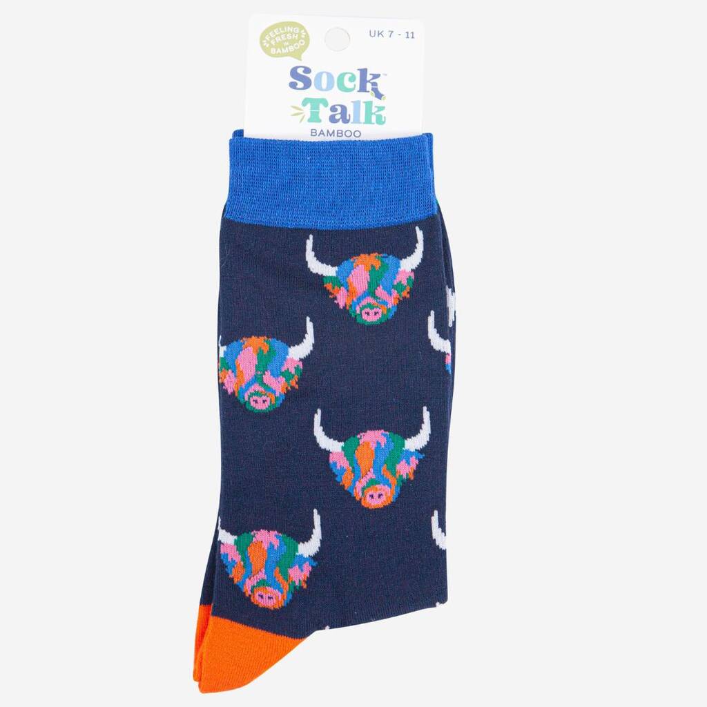 Men's Bamboo Socks - Navy Blue/Rainbow, Highland Cow