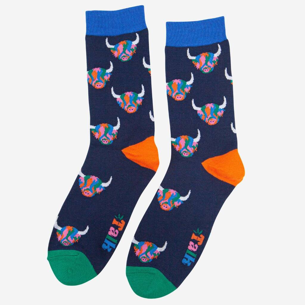 Men's Bamboo Socks - Navy Blue/Rainbow, Highland Cow