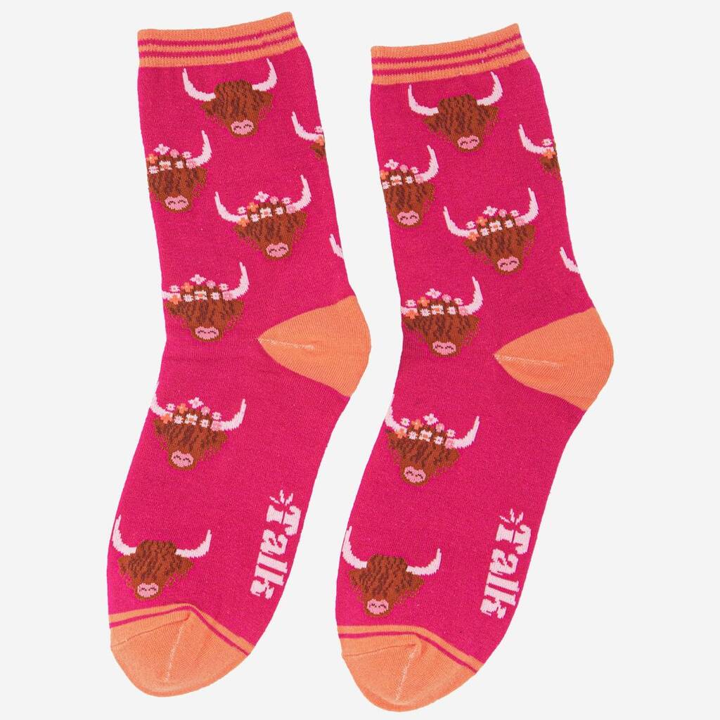 Women's Highland Cow With Floral Crown Bamboo Socks in Pink Orange