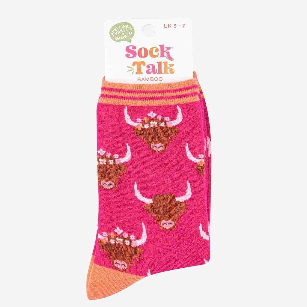 Women's Highland Cow With Floral Crown Bamboo Socks in Pink Orange