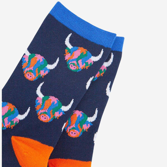 Women's Rainbow Highland Cow Print Bamboo Socks in Navy Blue
