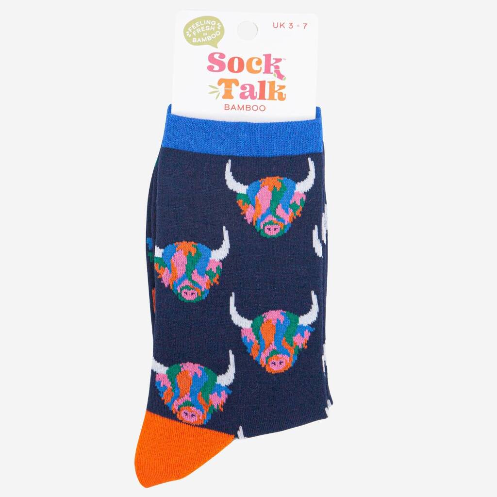 Women's Rainbow Highland Cow Print Bamboo Socks in Navy Blue