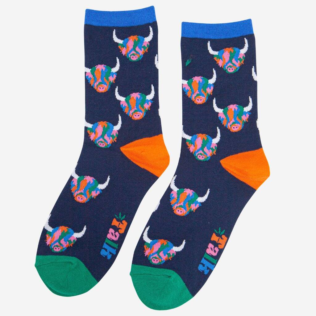 Women's Rainbow Highland Cow Print Bamboo Socks in Navy Blue