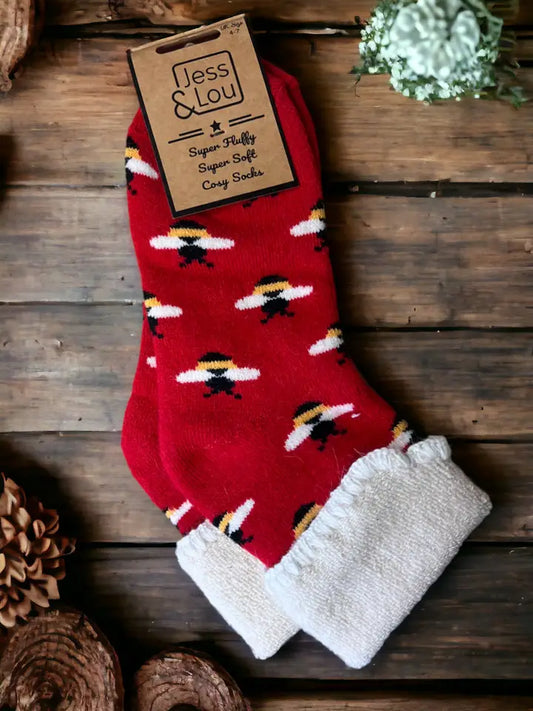 Bee Cosy: Adorable Red Cuff Socks with Bee Design