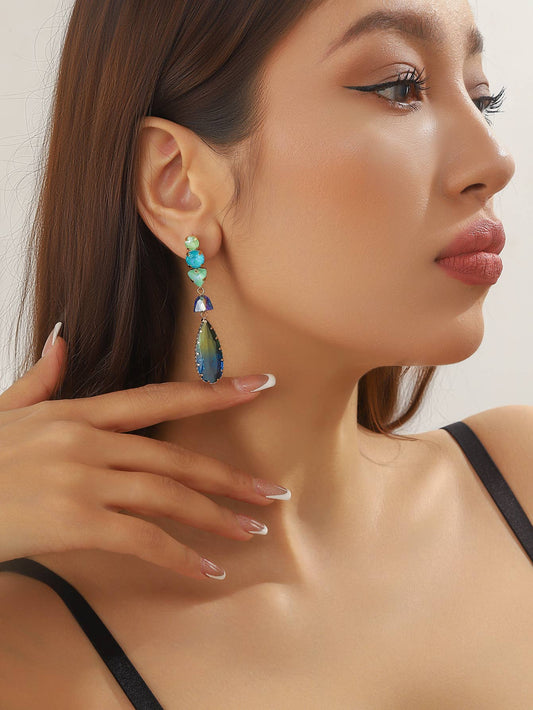 Blue & Green Crystal Statement Drop Earrings