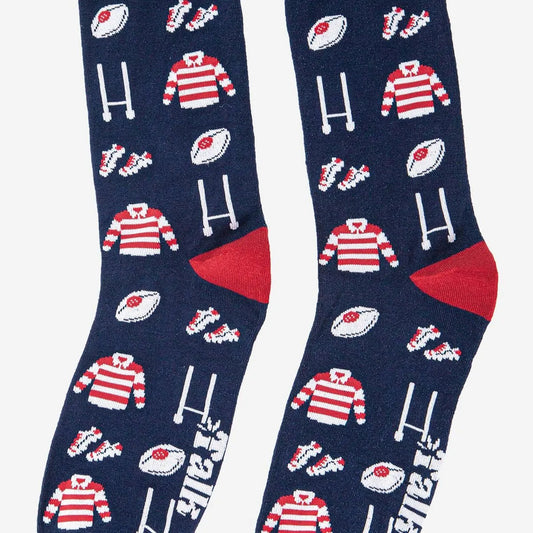 Men's Rugby Kit and Goal Print Bamboo Socks in Navy and Red