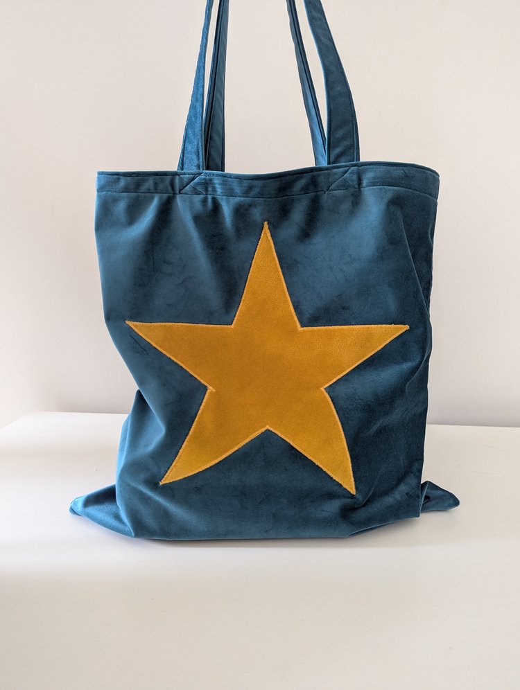 Luxury Tote Bag in Teal Velvet With Mustard Velvet Star