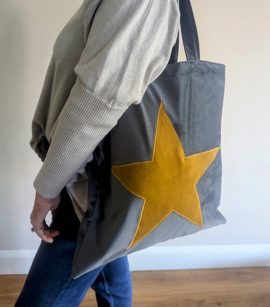 Luxury Tote Bag in Grey Velvet With Mustard Velvet Star