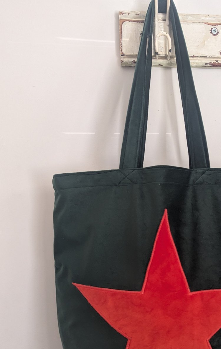 Luxury Tote Bag in Dark Green Velvet With Orange Velvet Star