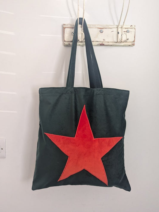 Luxury Tote Bag in Dark Green Velvet With Orange Velvet Star